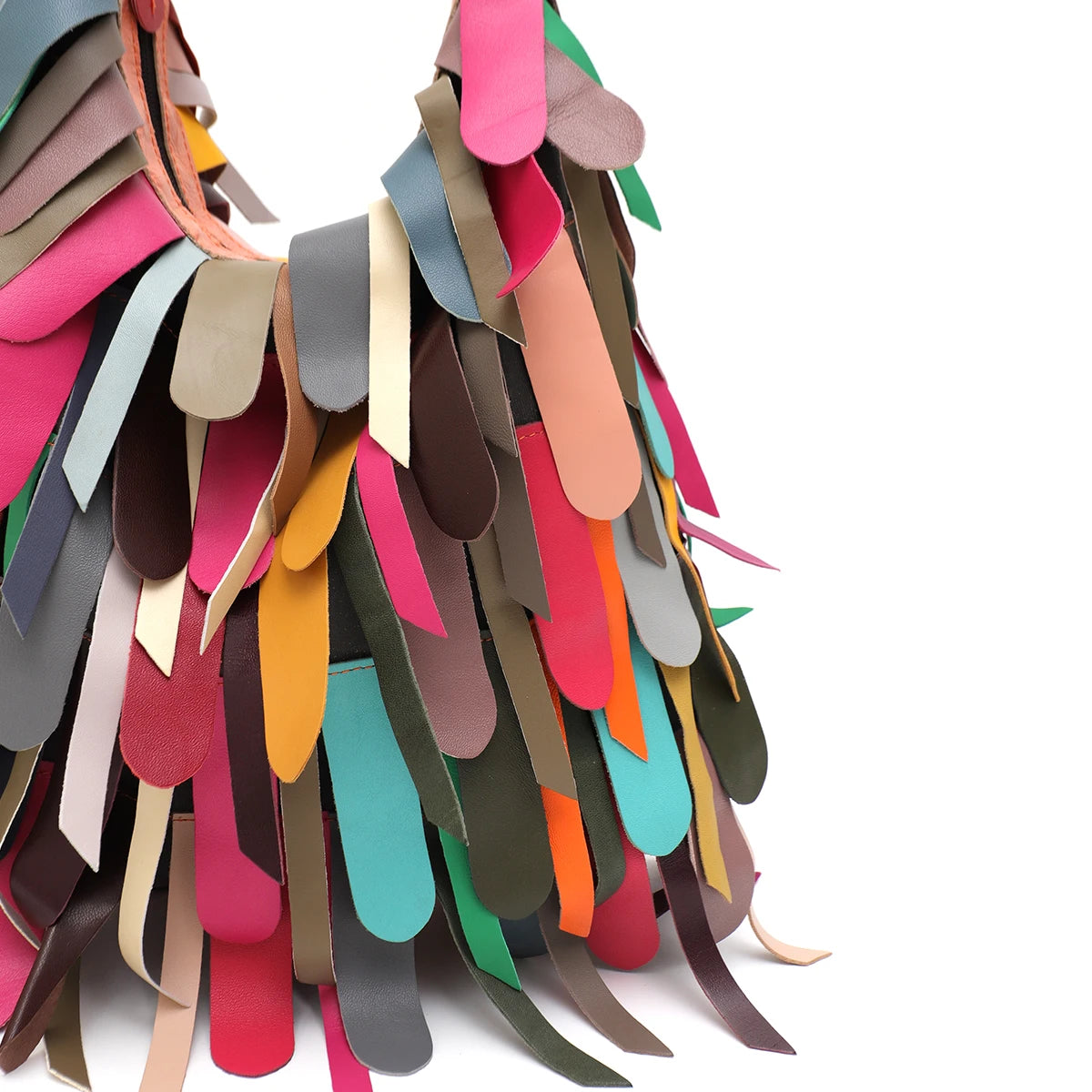 Women Daily Casual Slouchy Boho Style Colorful Real Sheepskin Tassel Fringe Hobo Shoulder Cross body Bag Genuine Leather Handbag