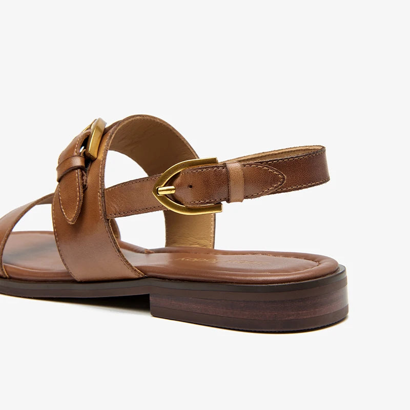 BEAUTODAY Flat Sandals Genuine Leather Metal Buckle Decro Slingback Low Heel Summer Retro Ladies Shoes 32426