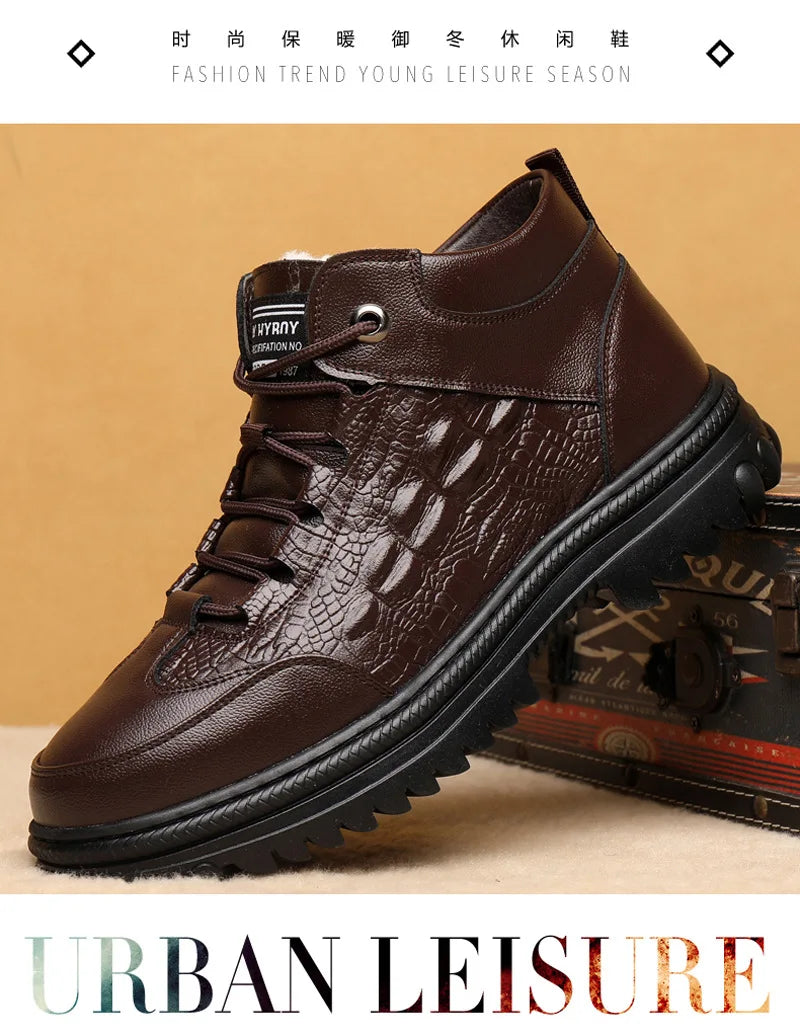 Men Genuine Leather Crocodile Print Sneakers Men's Casual Shoes Luxury British Fashion Leather Shoes Wool Inside Warm Snow Boots