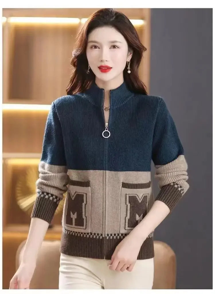 Sping Autumn New Women Sweaters Coats Stand Collar Zipper Contrast Color Pocket Fashion All-match Long Sleeve Cardigan Knit Tops