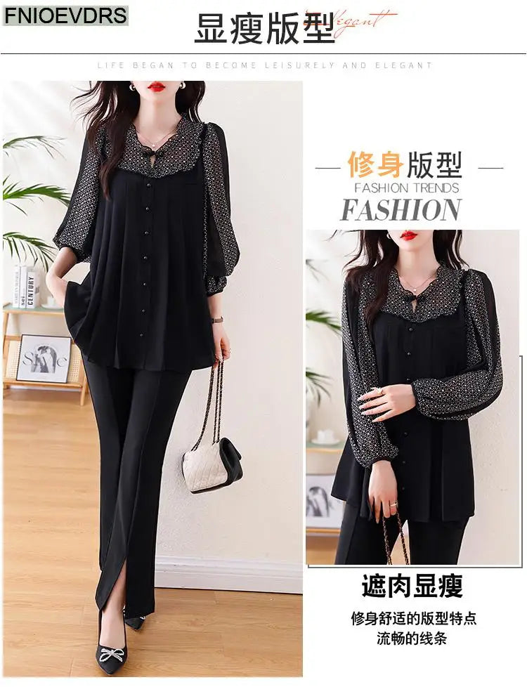 Loose Clothes Women 2024 Autumn Elegant Office Lady Casual Button Shirts Fake Two Piece Retro Vintage Bling Tops Blouses