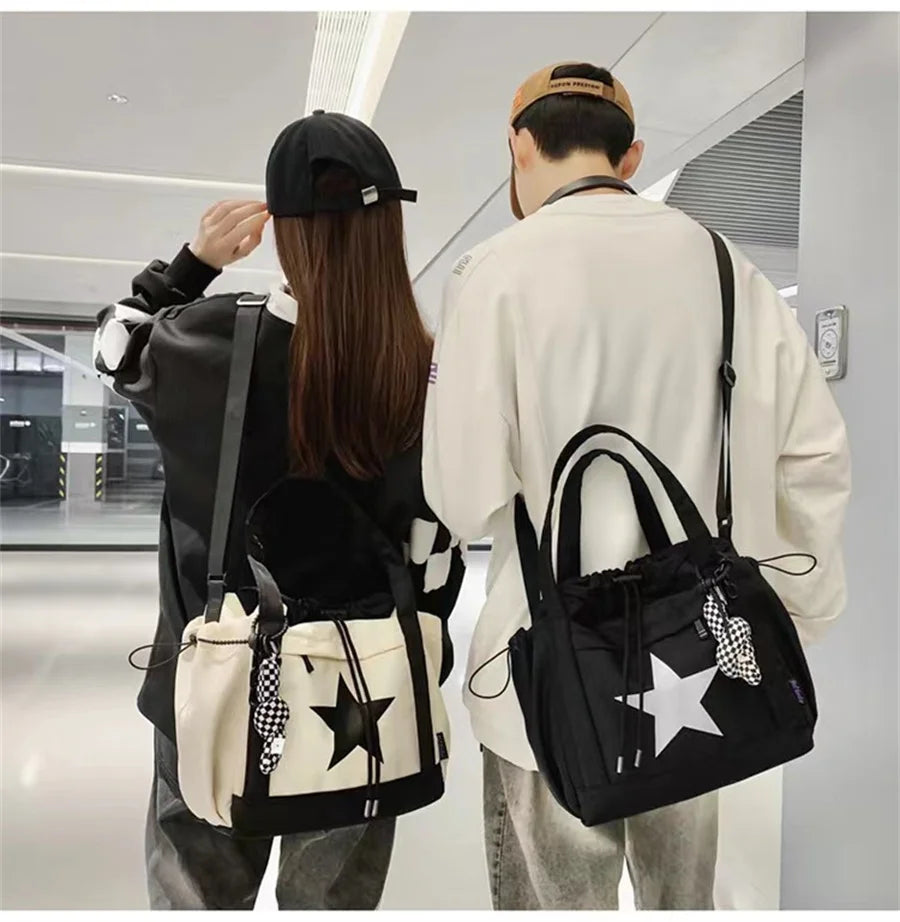 Personality Women Crossbody Bag Y2K Style Large Capacity Couple Shoulder Bag New Casual Nylon Tote Bag Luxury Drawstring Handbag