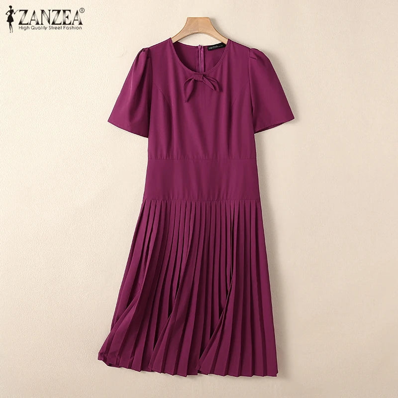 ZANZEA Short Sleeve Korean Fashion Party Dress Elegant Solid Waist-Cinched Pleated A-line Robes Women O Neck Knee-length Dress