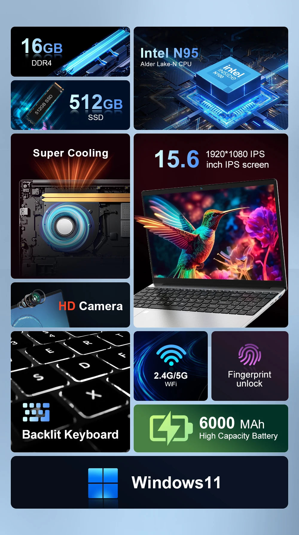 Ninkear N15 Air Laptop 15,6" IPS 1080P IPS Intel N95 3.4Ghz 16GB RAM 512GB SSD General Use Productivity Windows 11 pro Notebook