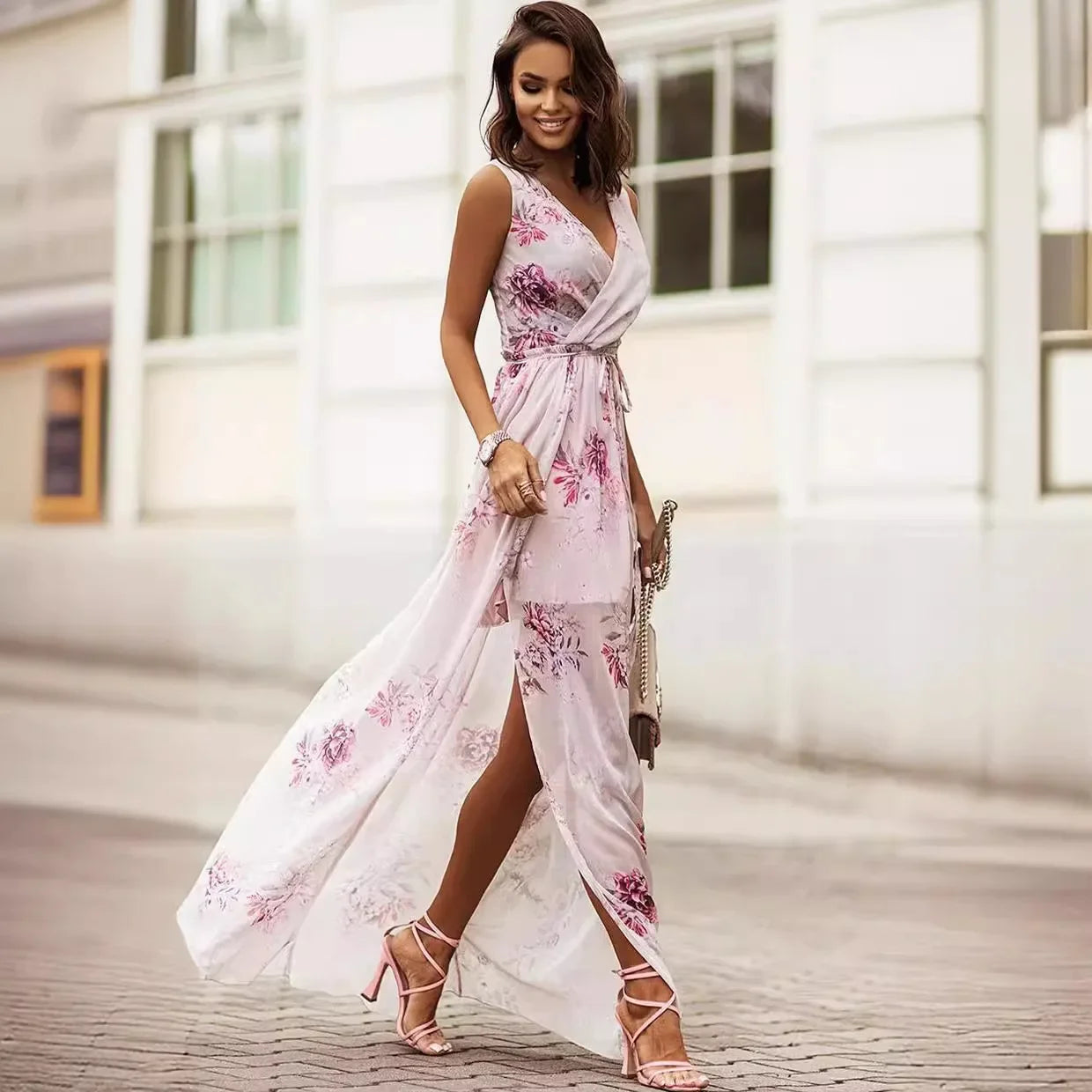 2023年夏季新款獨立站Wish亞馬遜雪紡印花繫帶洋裝女裝洋裝無袖V領