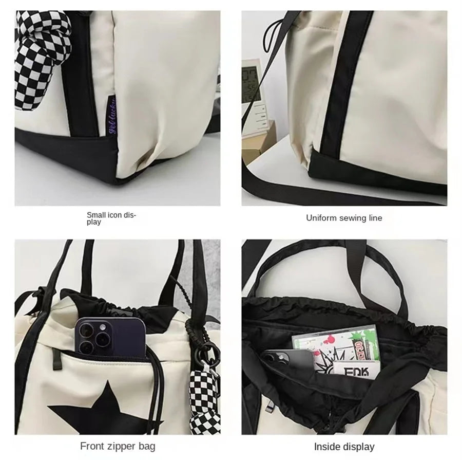 Personality Women Crossbody Bag Y2K Style Large Capacity Couple Shoulder Bag New Casual Nylon Tote Bag Luxury Drawstring Handbag