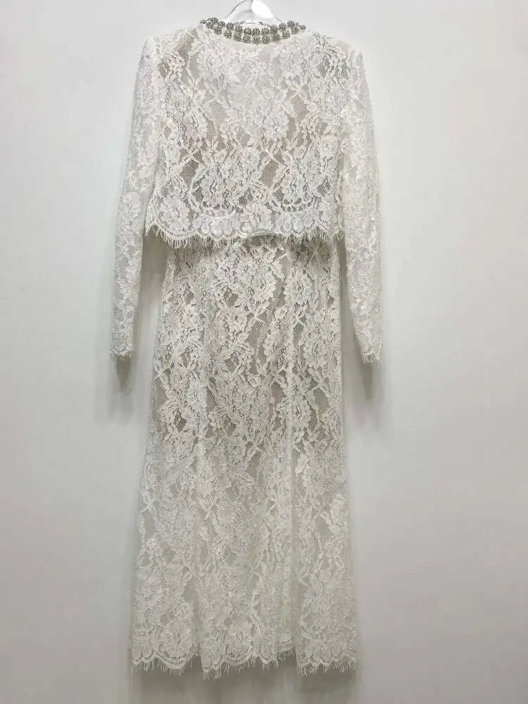 Luxury Lace Long Dress 2 Piece Sets Women 2025 Summer Holiday Hollow Out Embroidery Crystal Beaded Jackets Tops Maxi Skirt Suits