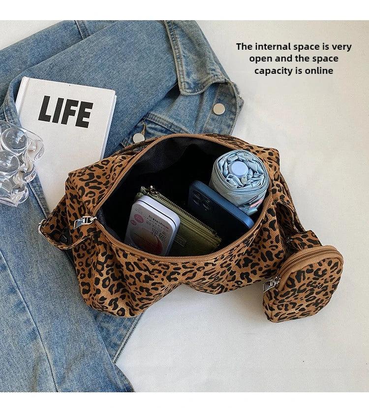 Korean Version Niche Leopard Print Canvas Armpit Bag for Women New Trendy Fashion Shoulder Bag Commuting Versatile Pillow Bag