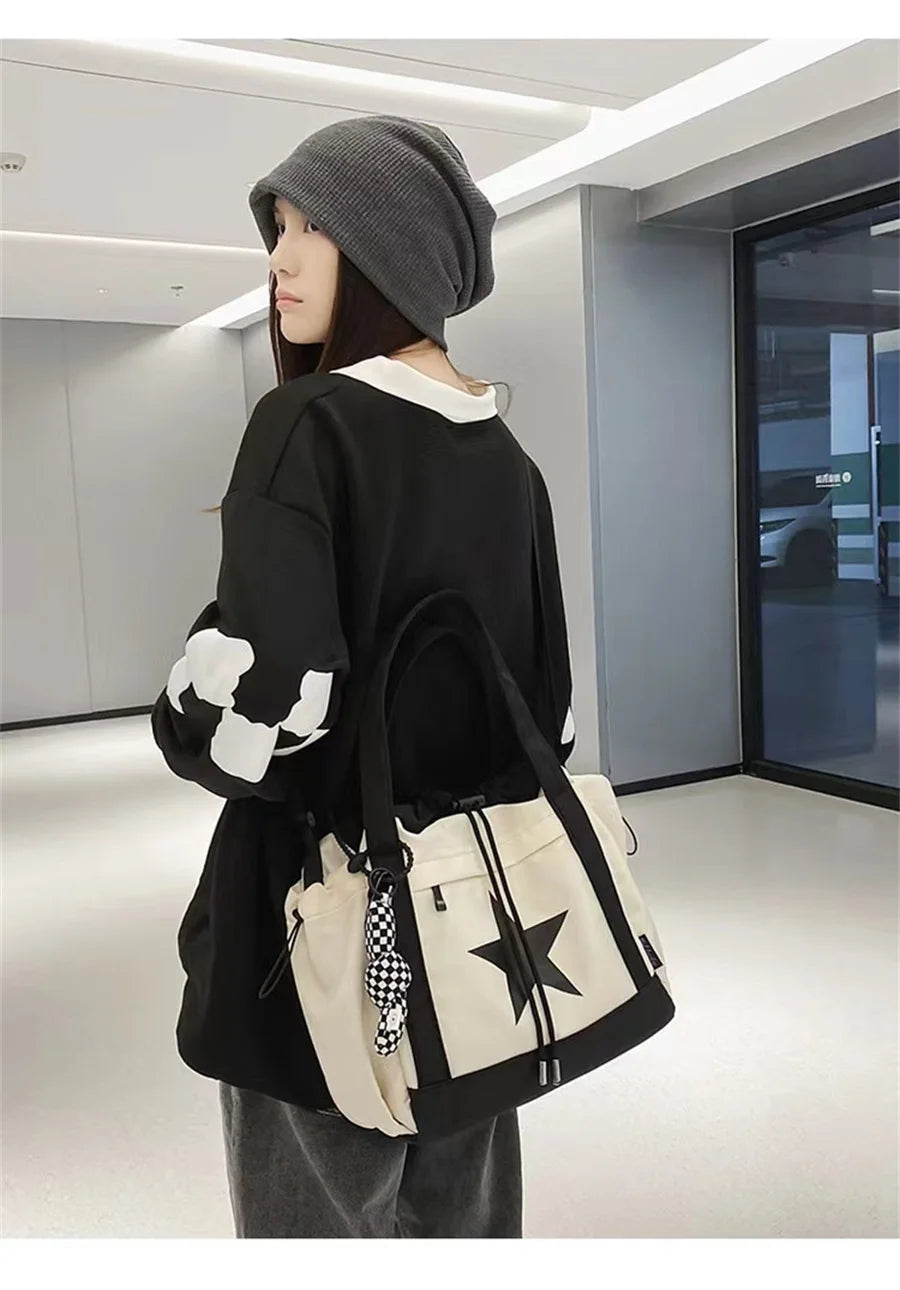 Personality Women Crossbody Bag Y2K Style Large Capacity Couple Shoulder Bag New Casual Nylon Tote Bag Luxury Drawstring Handbag