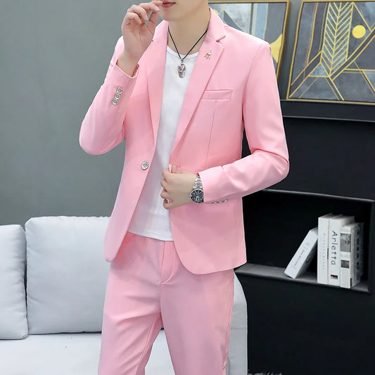 Slim Fit Two-Piece Suit Casual Business Style Solid Color Autumn  Dress Suit with Trousers Included Stylish Men's Costume
