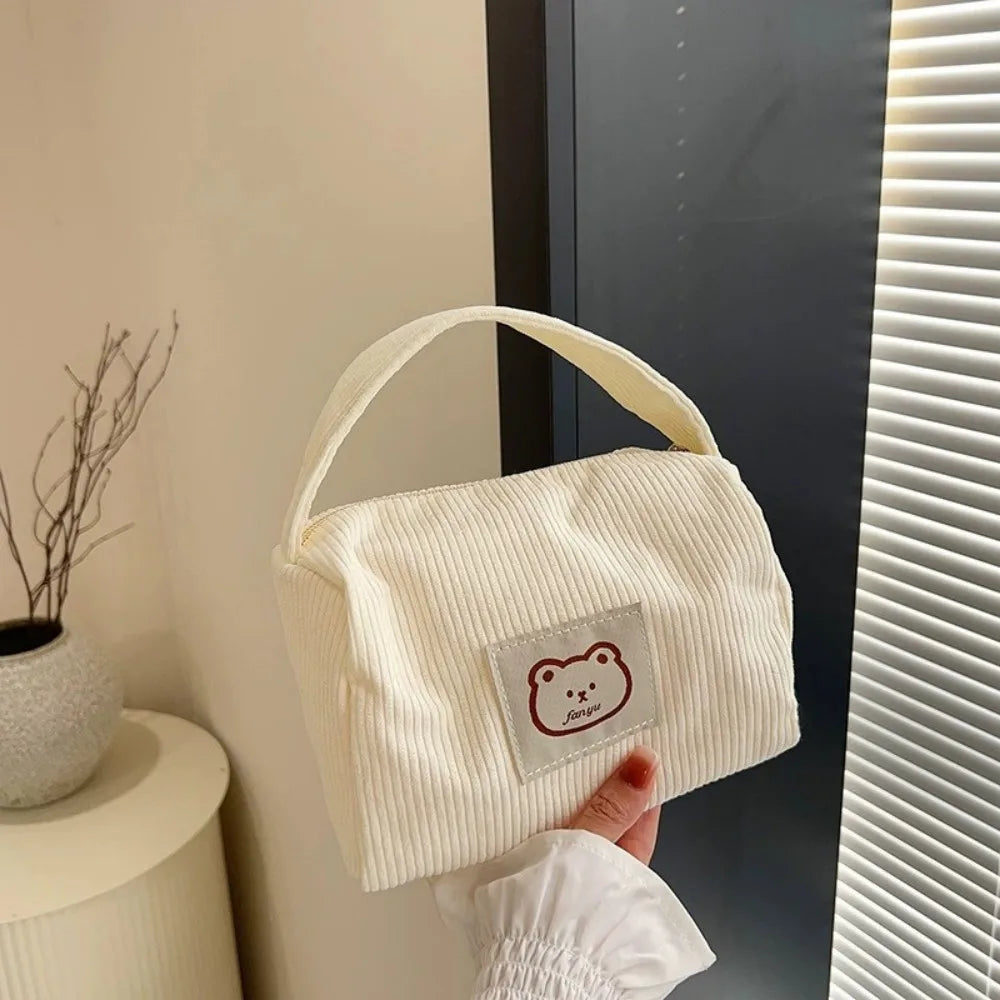 Corduroy Totes Bag Women Ladies Corduroy Shoulder Bag Cute Teddy Bear Pattern Cartoon Embroidery Casual Shoulder Tote