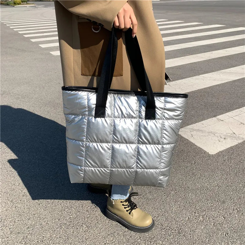 Waterproof Tote Bag for Women Puffer Cotton Padded Shoulder Bag Large Capacity Ladies Handbags Quilted Work Commute Shopping Bag