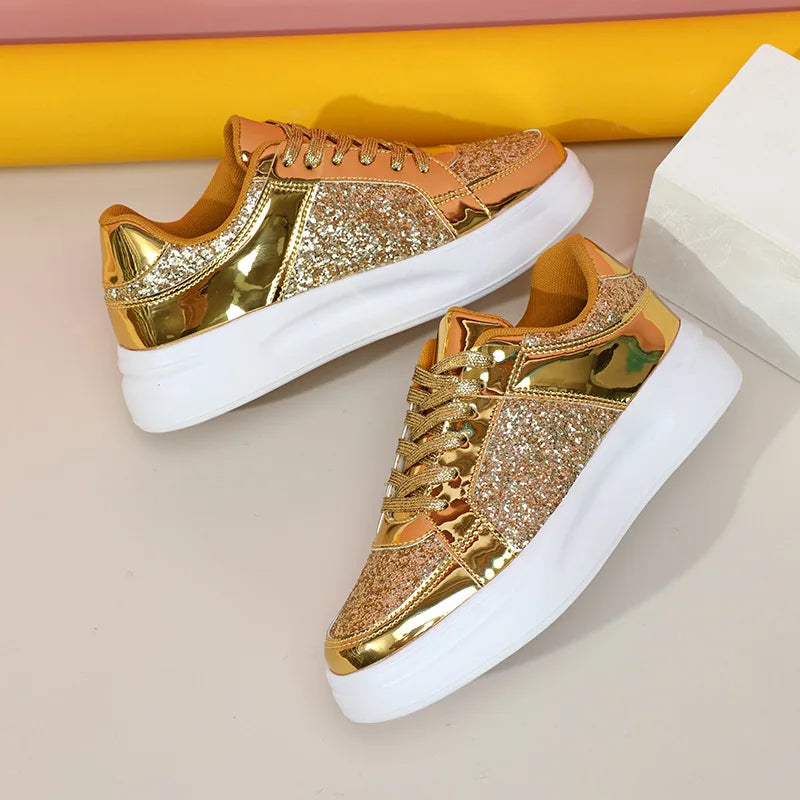 Women Shoes Spring 2024 New Fashion Vulcanized Sneakers for Women Casual Shoes Outdoor Walking Footwear Size 36-45 Gold Silver