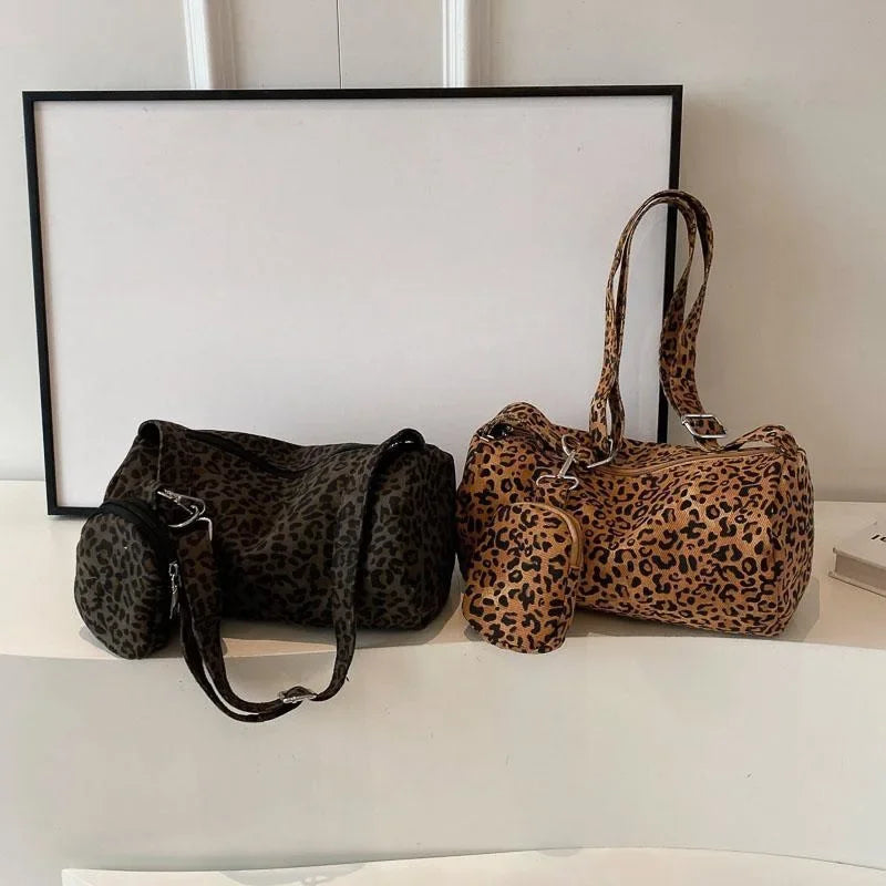 Korean Version Niche Leopard Print Canvas Armpit Bag for Women New Trendy Fashion Shoulder Bag Commuting Versatile Pillow Bag