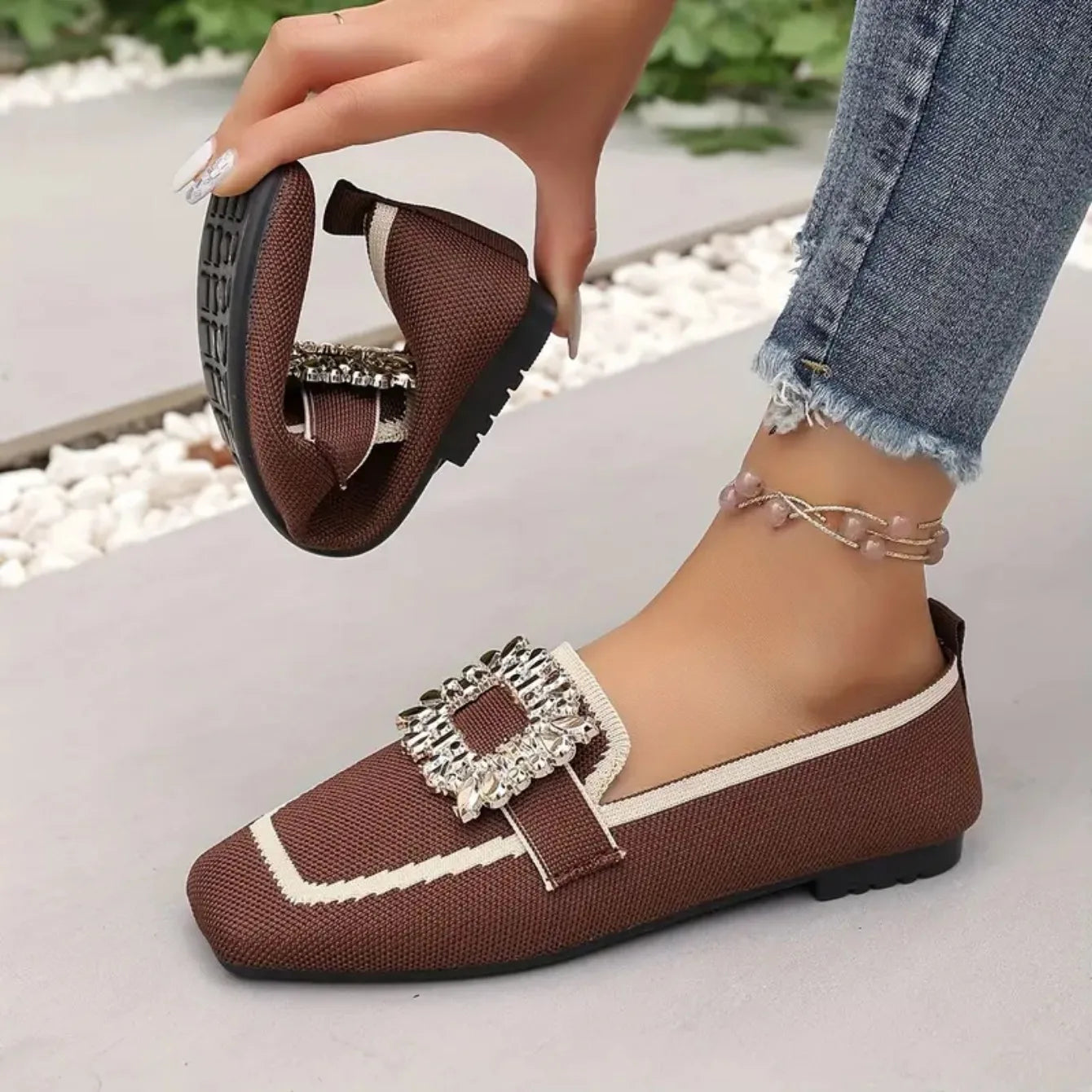 Women Flats Spring 2025 New Large Size Flat Loafers Shoes Women Knitting Slip-on Square Head Breathable Fashion Shoes for Women