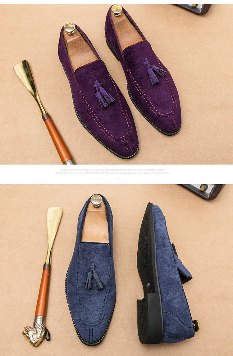Brand Design Men Suede Leather Shoes Moccasins Purple Tassel Pointed Men's Loafers Vintage Slip-on Casual Men Social Dress Shoe