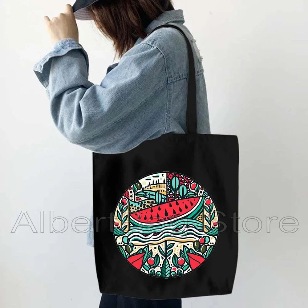 Peace Gifts Al Aqsa Keffiyeh Canvas Tote Bags Olive Tree Jerusalem Dome of The Rock Shopping Fashion Shoulder Organizer Handbag
