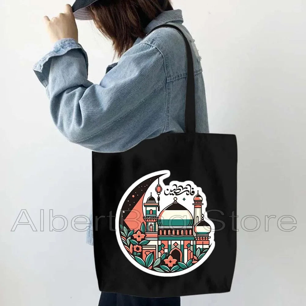 Peace Gifts Al Aqsa Keffiyeh Canvas Tote Bags Olive Tree Jerusalem Dome of The Rock Shopping Fashion Shoulder Organizer Handbag
