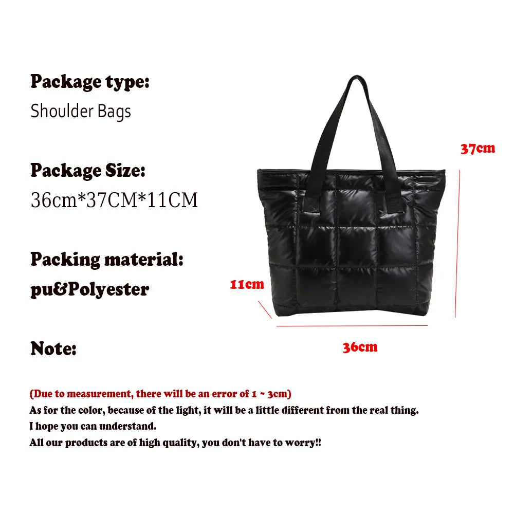 Waterproof Tote Bag for Women Puffer Cotton Padded Shoulder Bag Large Capacity Ladies Handbags Quilted Work Commute Shopping Bag
