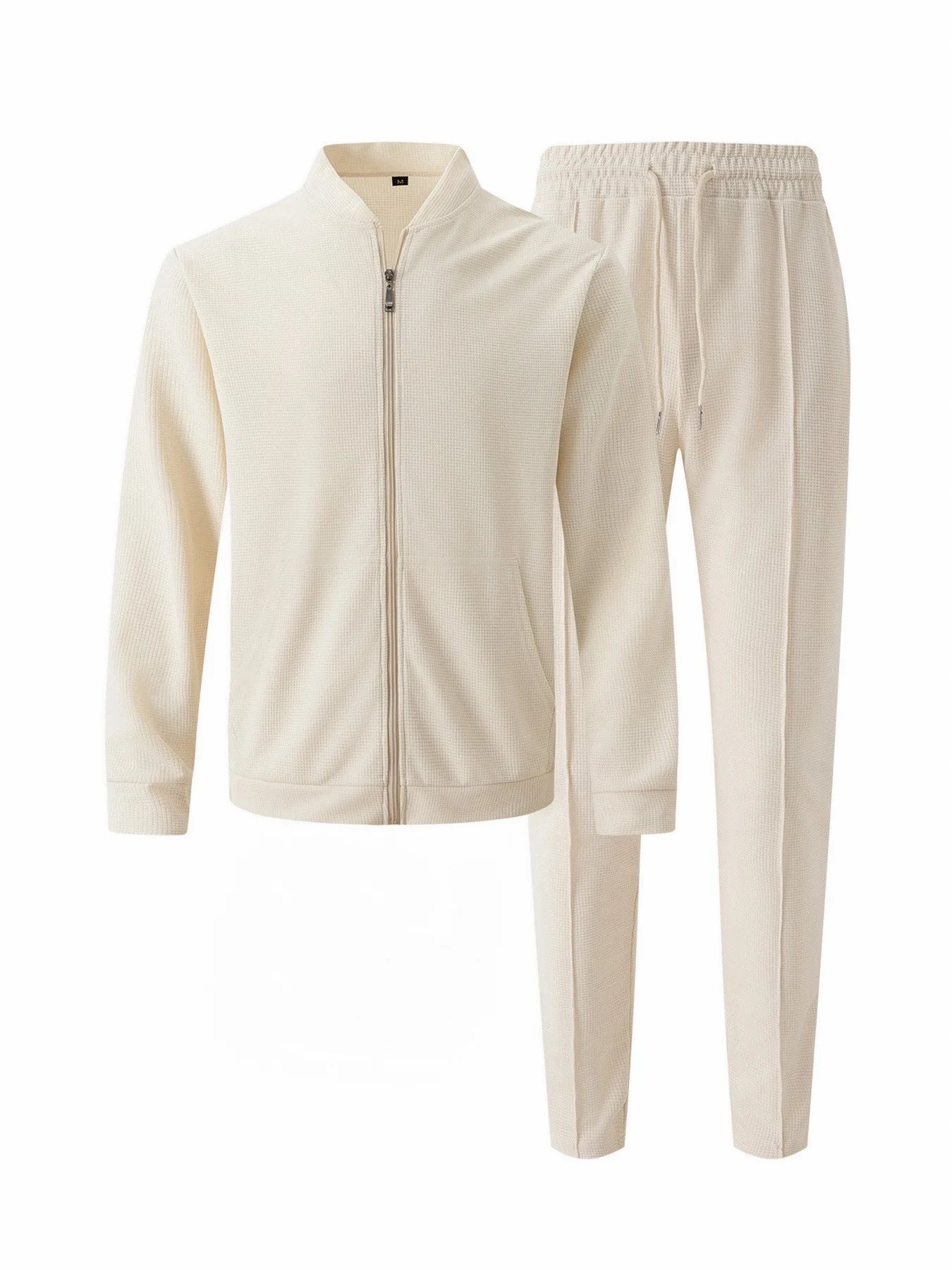 2025年新款春季秋季男士立領純色棒球服休閒華夫格全褲兩件式男西裝男裝