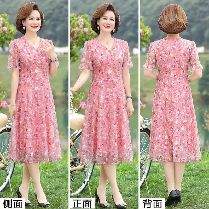 Women Summer Casual Dress Ladies Middle-aged Print Short Sleeve Pleated Dresses Female Vintage V-neck Vestidos