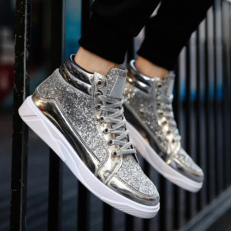 Men's Boots Nightclubs Fashiona Sequins With Diamonds Gold Leather Boots Trendy High Top Sports Casual Shoes Large Size 38-48