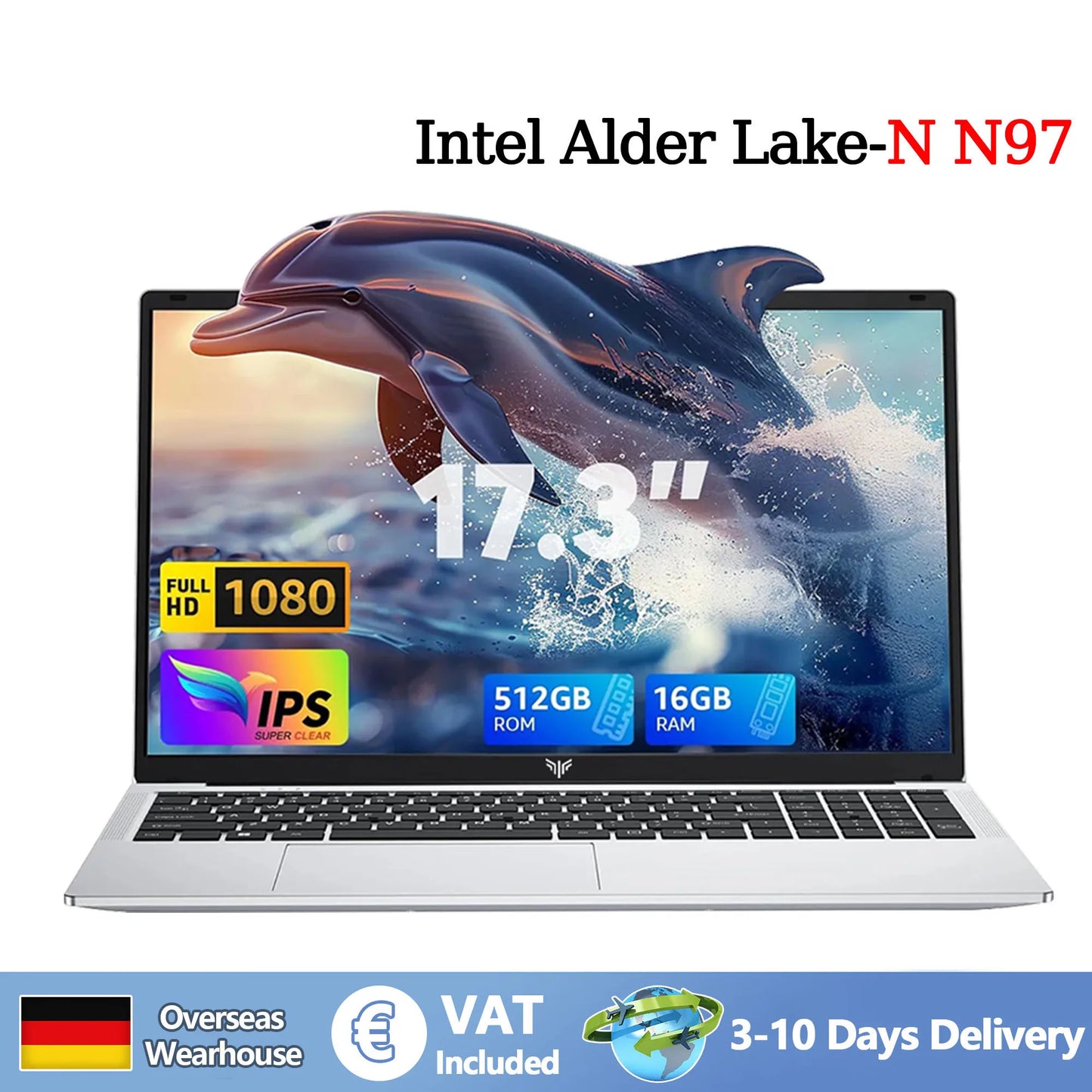 KAIGERR AX17 17.3 inch Laptop Intel N97 16GB RAM 512GB SSD Windows 11 Pro Notebook Wifi 6 BT5.2 6000Mah Battery