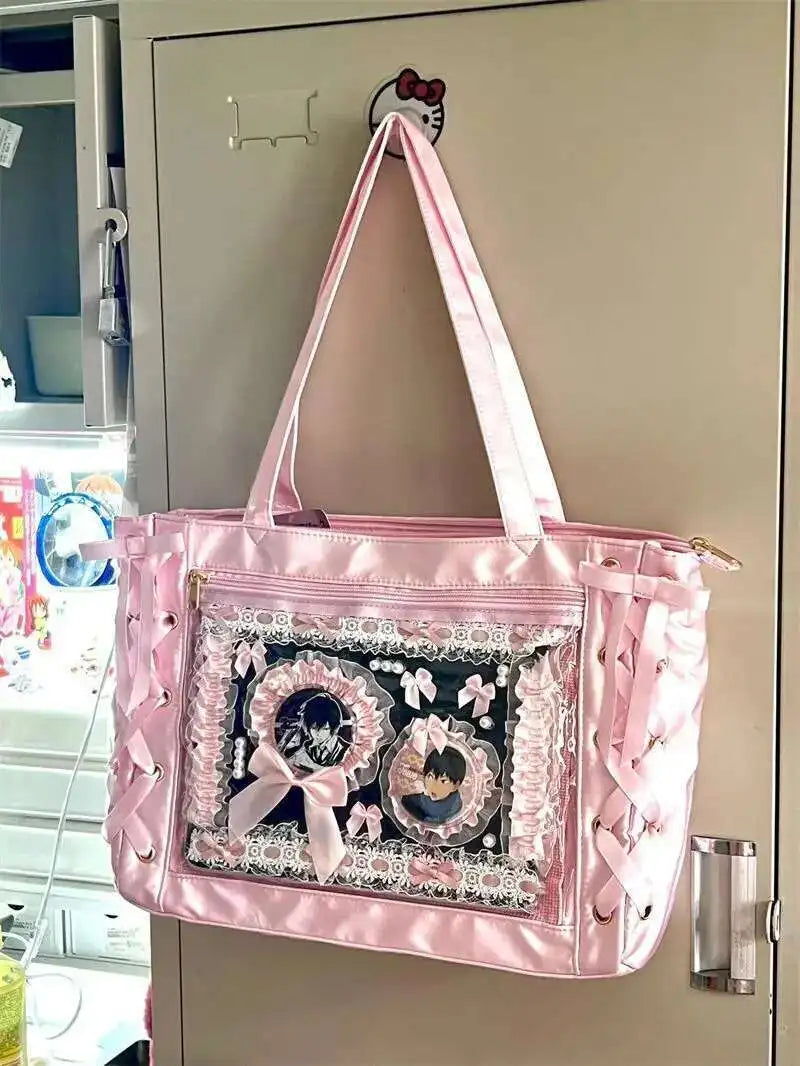 Japanese Sweet Women Ribbon Ita Bag Cute Lolita Girl Transparent Handbags Fashion Large Capacity Tote Bag Aesthetic Shoulder Bag