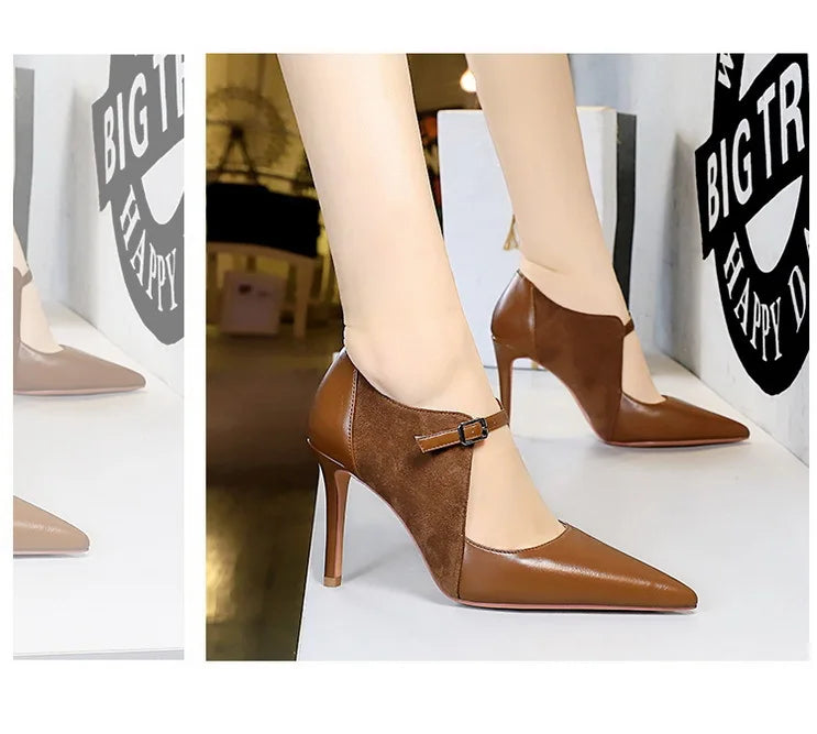 BIGTREE Spring Fashion Pointed Toe Thin Heels Woman Pumps Hollow Buckle Strap WEDDING Party Ladies Shoes