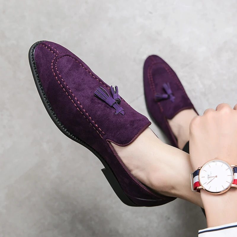 Brand Design Men Suede Leather Shoes Moccasins Purple Tassel Pointed Men's Loafers Vintage Slip-on Casual Men Social Dress Shoe