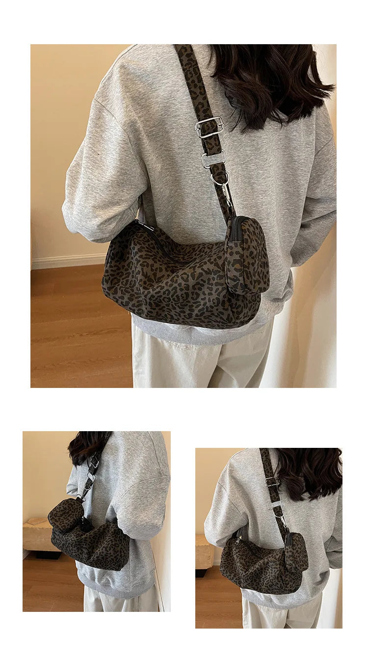 Korean Version Niche Leopard Print Canvas Armpit Bag for Women New Trendy Fashion Shoulder Bag Commuting Versatile Pillow Bag