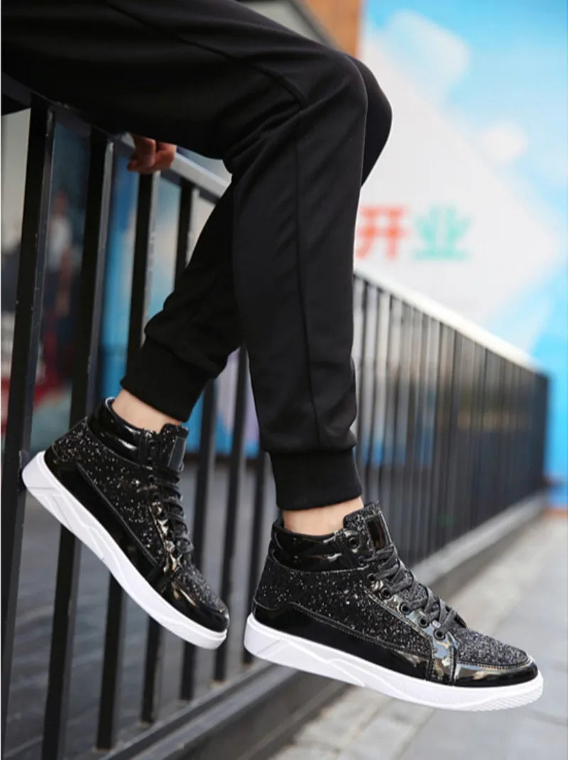 Men's Boots Nightclubs Fashiona Sequins With Diamonds Gold Leather Boots Trendy High Top Sports Casual Shoes Large Size 38-48
