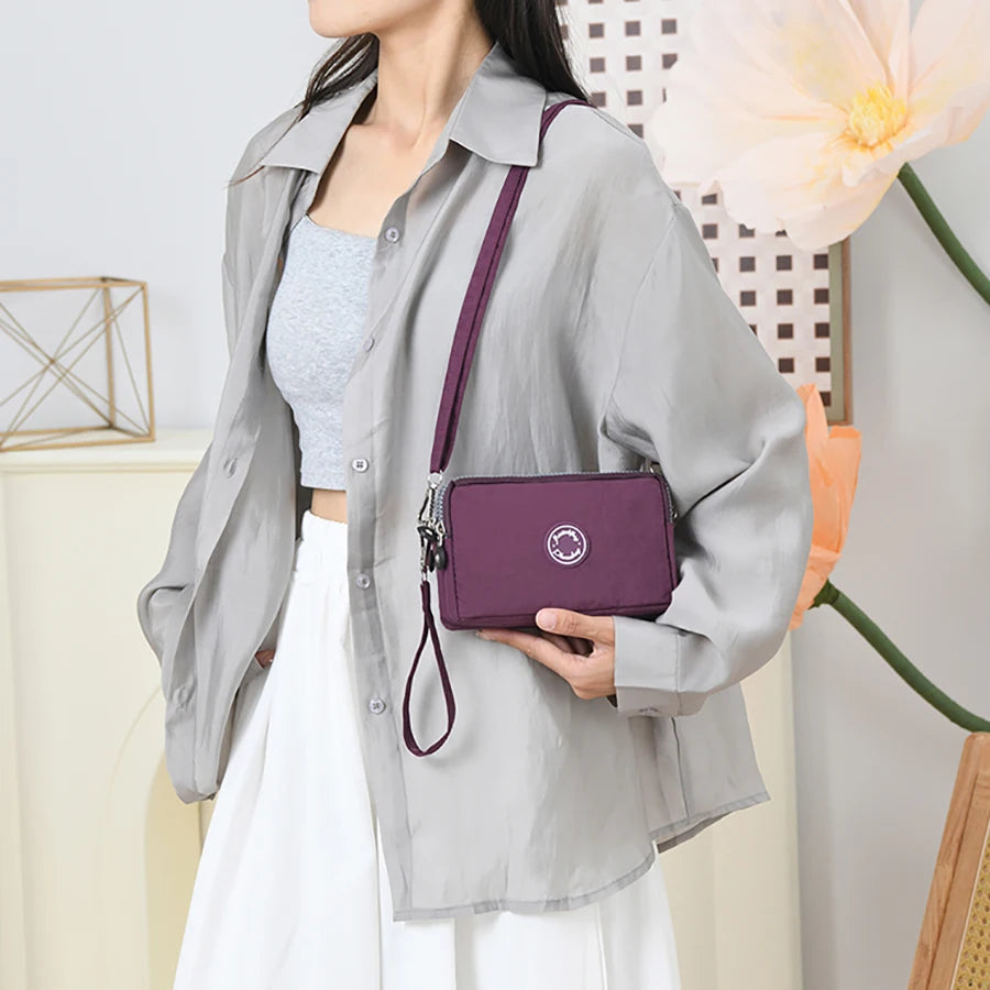 Fashion solid color triple zipper large capacity ladies crossbody travel portable popular zipper coin purse phone wallet