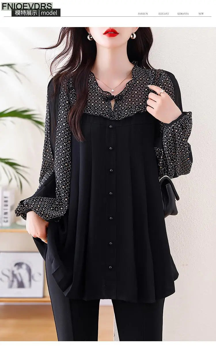 Loose Clothes Women 2024 Autumn Elegant Office Lady Casual Button Shirts Fake Two Piece Retro Vintage Bling Tops Blouses