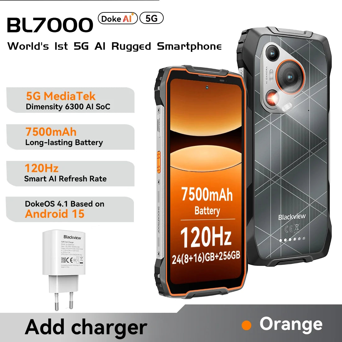 BLACKVIEW BL7000 5G AI Rugged Phone Deepseek GPT Android 15 Smartphone, 6.78" HD+2.4K Display 120Hz, 24(8+16)GB 256GB, 7500Amh