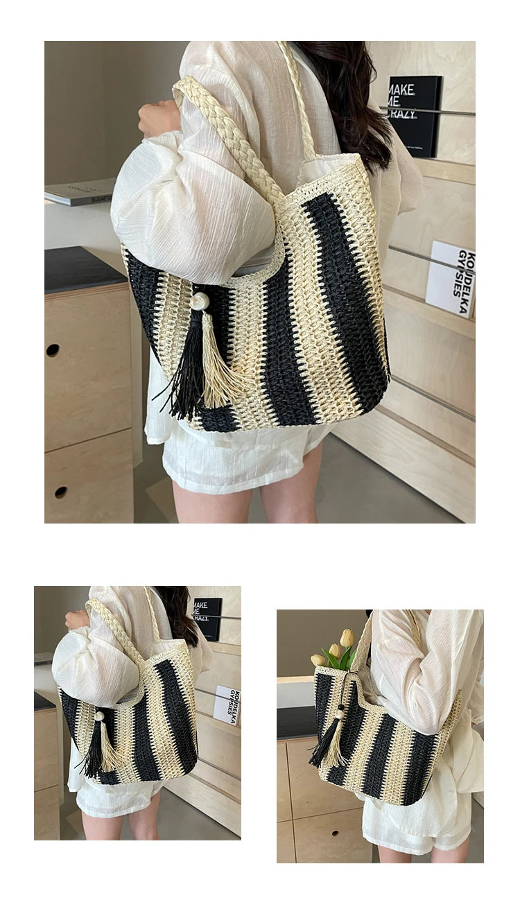 Leisure grass woven bag for women with large capacity, 2024 new summer single shoulder commuting woven bag, beach bag