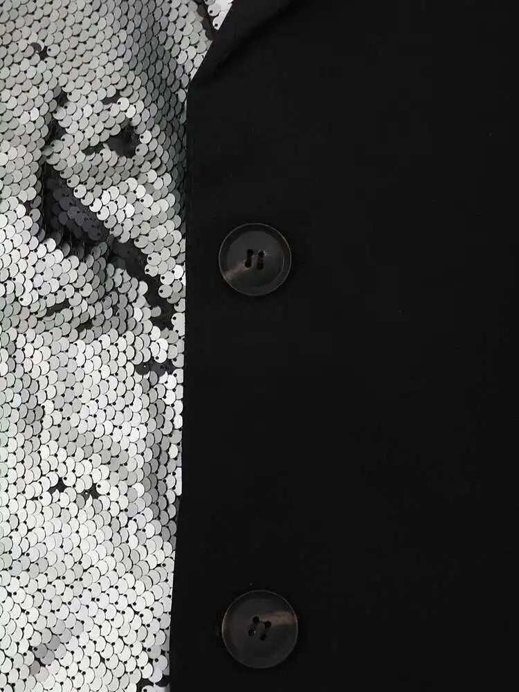 EAM Black Color-block Sequins Big Size Blazer Women New Lapel Long Sleeve Jacket Fashion Tide Spring Autumn 2025 CPG1490