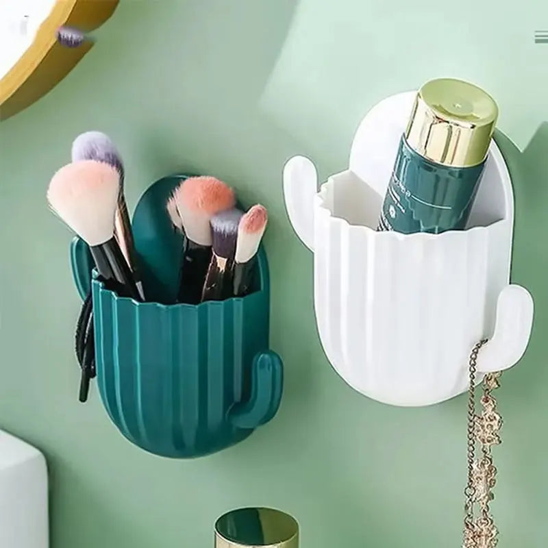 Cute Cactus Makeup Brush Holder,Wall Mounted Sundries Box Self-Adhesive Shaver Rack,Kitchen Bathroom Toothbrush Storage Containe