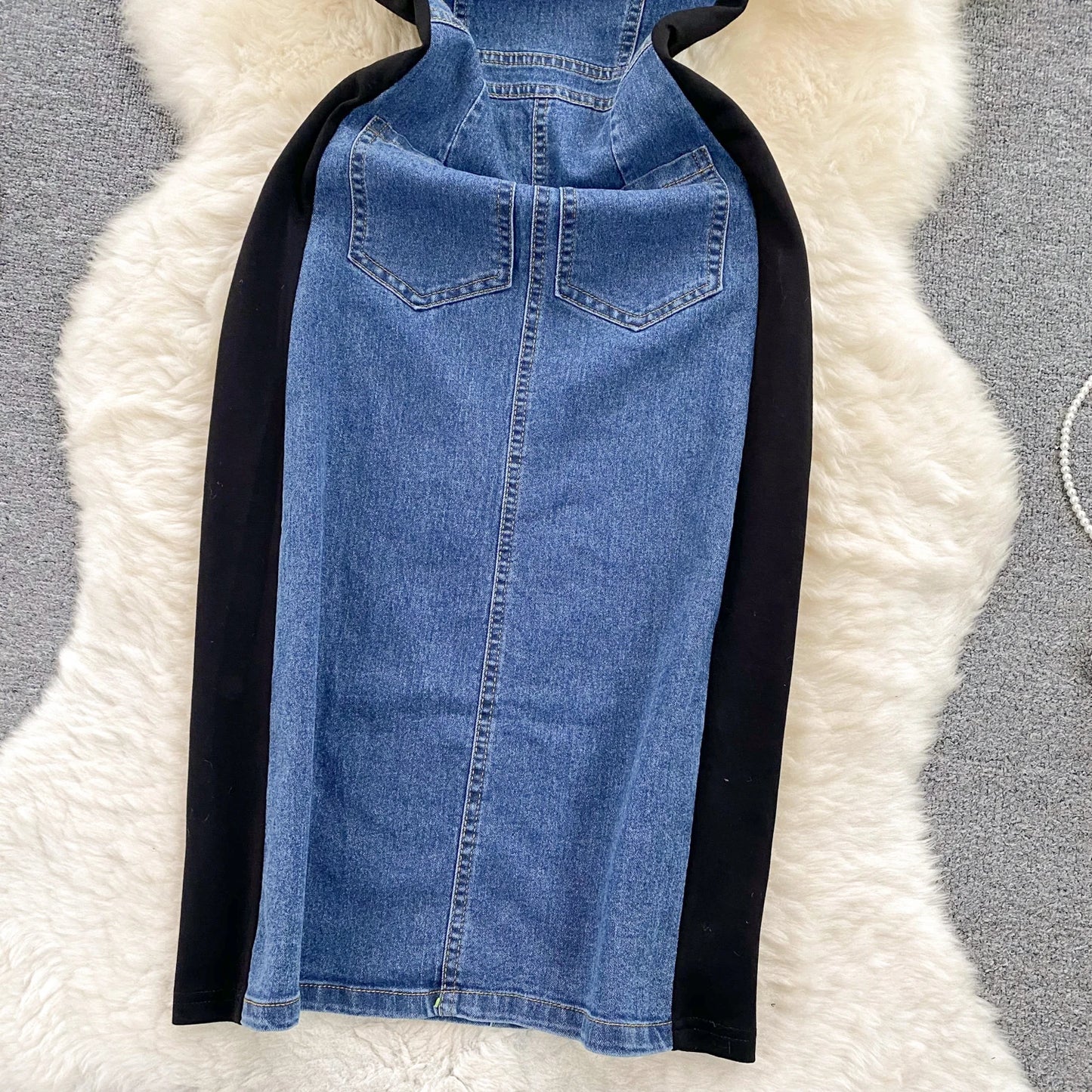 High Waist Bodycon Vestidos Mujer Women 2025 Dresses Contrast Fake Two Piece Dress Casual Fashion Vestido Temperament Robes