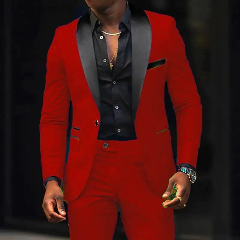 男士新款時尚商務休閒兩件式舒適透氣修身側開叉單扣西裝外套+褲子