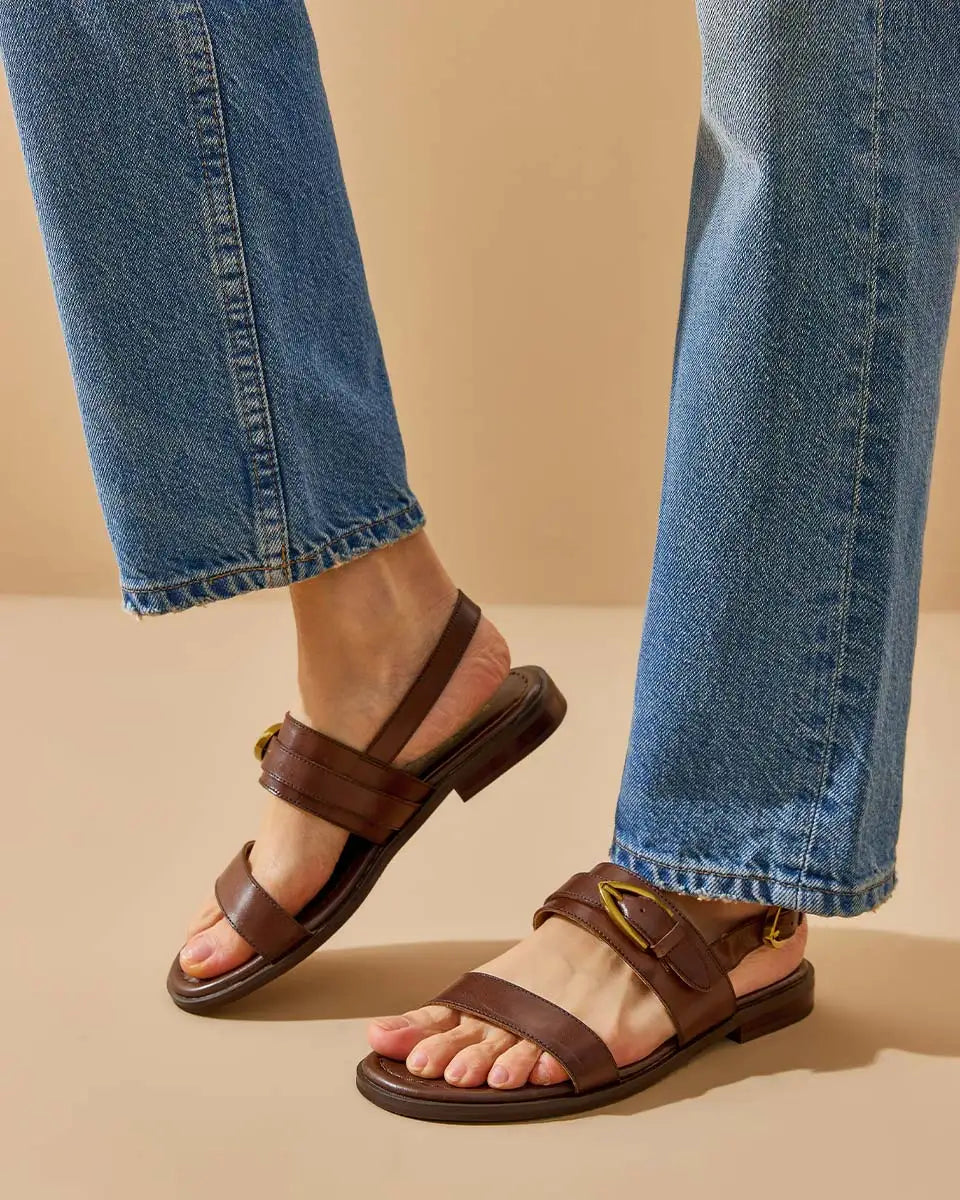 BEAUTODAY Flat Sandals Genuine Leather Metal Buckle Decro Slingback Low Heel Summer Retro Ladies Shoes 32426