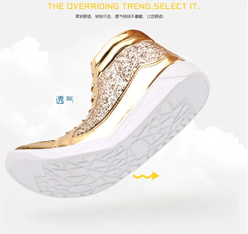 Men's Boots Nightclubs Fashiona Sequins With Diamonds Gold Leather Boots Trendy High Top Sports Casual Shoes Large Size 38-48