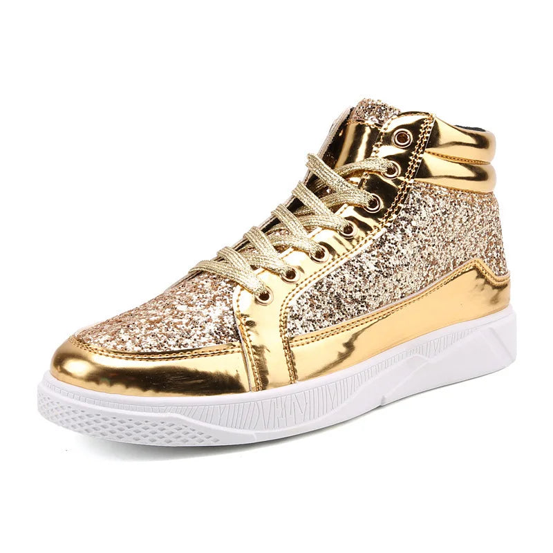 Men's Boots Nightclubs Fashiona Sequins With Diamonds Gold Leather Boots Trendy High Top Sports Casual Shoes Large Size 38-48