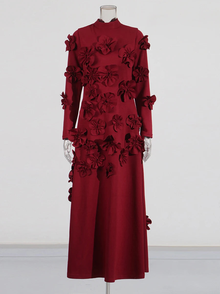 TWOTWINSTYLE Solid Spliced Appliques Slimming Dresses For Women Half High Collar Long Sleeves A Line Temperament Dress Female