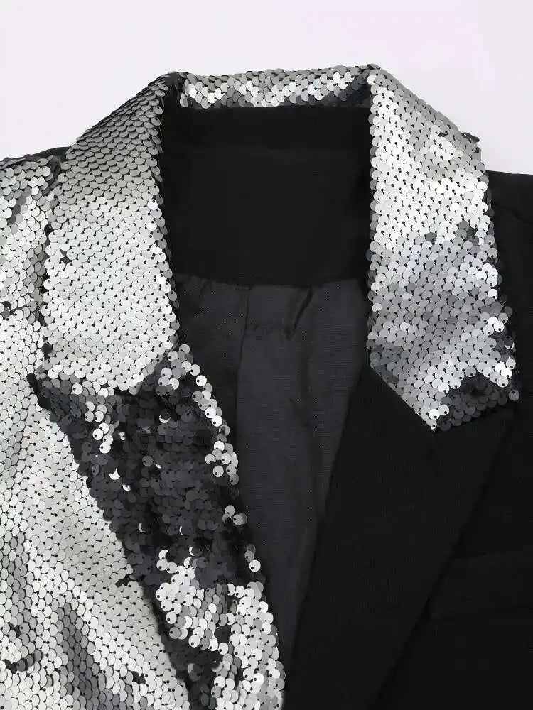 EAM Black Color-block Sequins Big Size Blazer Women New Lapel Long Sleeve Jacket Fashion Tide Spring Autumn 2025 CPG1490