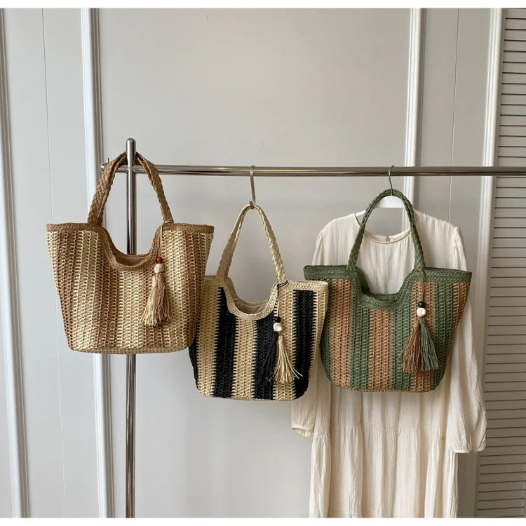 Leisure grass woven bag for women with large capacity, 2024 new summer single shoulder commuting woven bag, beach bag