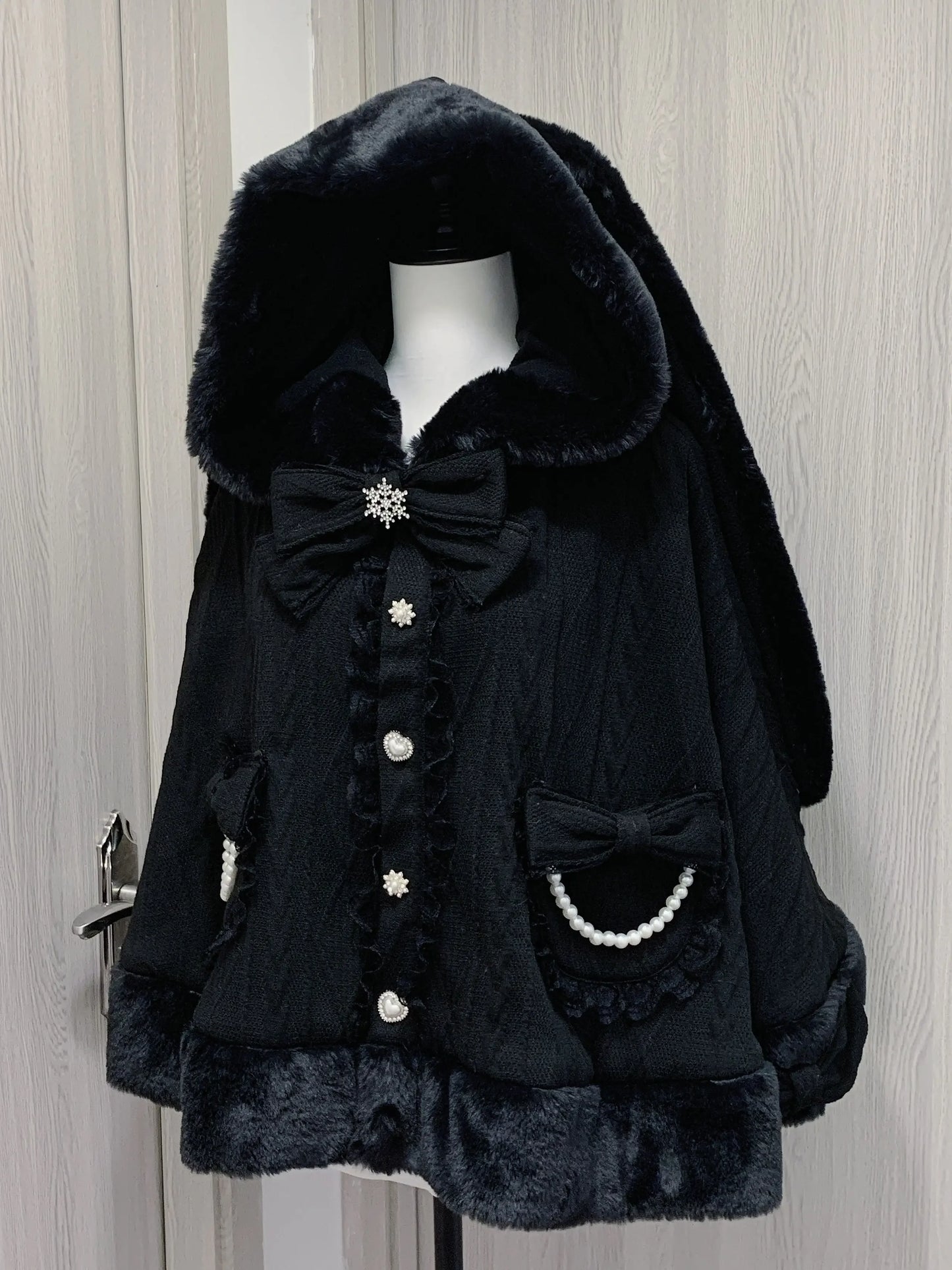 Japanese Style New Winter Mass Production Mine Series Velvet Rabbit Ear Cape Sweet Bow Knitted Furry Cloak Warm Jacket Coat
