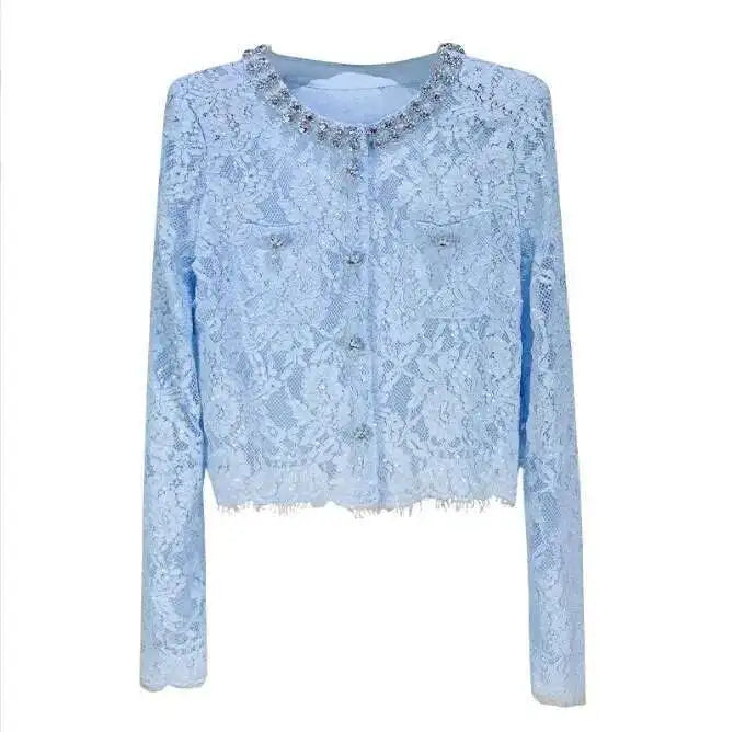 Luxury Lace Long Dress 2 Piece Sets Women 2025 Summer Holiday Hollow Out Embroidery Crystal Beaded Jackets Tops Maxi Skirt Suits