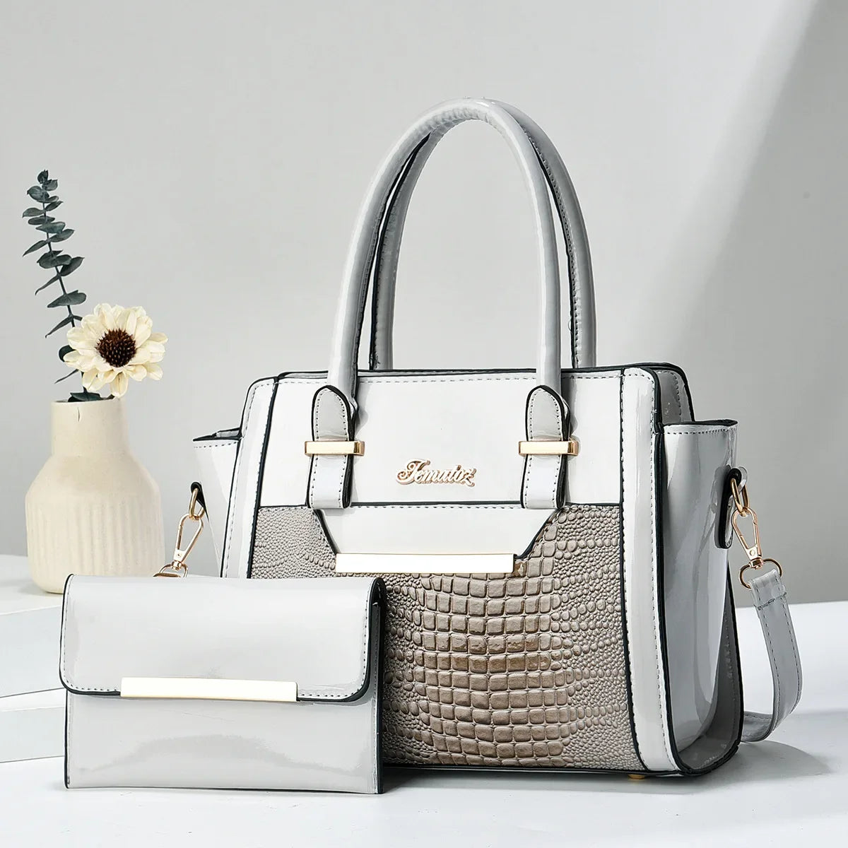 Casual shoulder women's bag simple large-capacity mother and child bag bright leather fashion portable two-piece bag