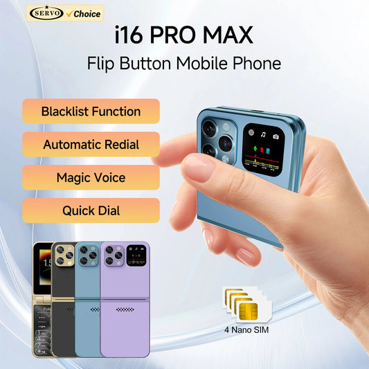 Téléphone portable pliable SERVO i16 Pro Max avec 4 cartes SIM, écran de 2,6 pouces, enregistrement des appels, liste noire, voix magique, radio FM, lampe torche, type C